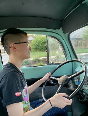 Me driving my dad's 1951 F1 Ford.